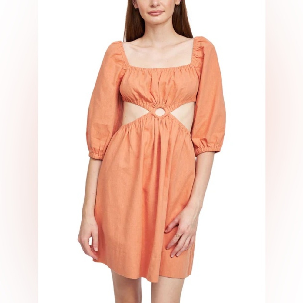 En Saison Yareli Linen Mini Dress Salmon Orange Open Back Cut-Out Summer
